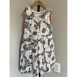 Mini Boden Girls Floral Print Dress, White/Navy/Multi, 7-8Y, Cotton Linen